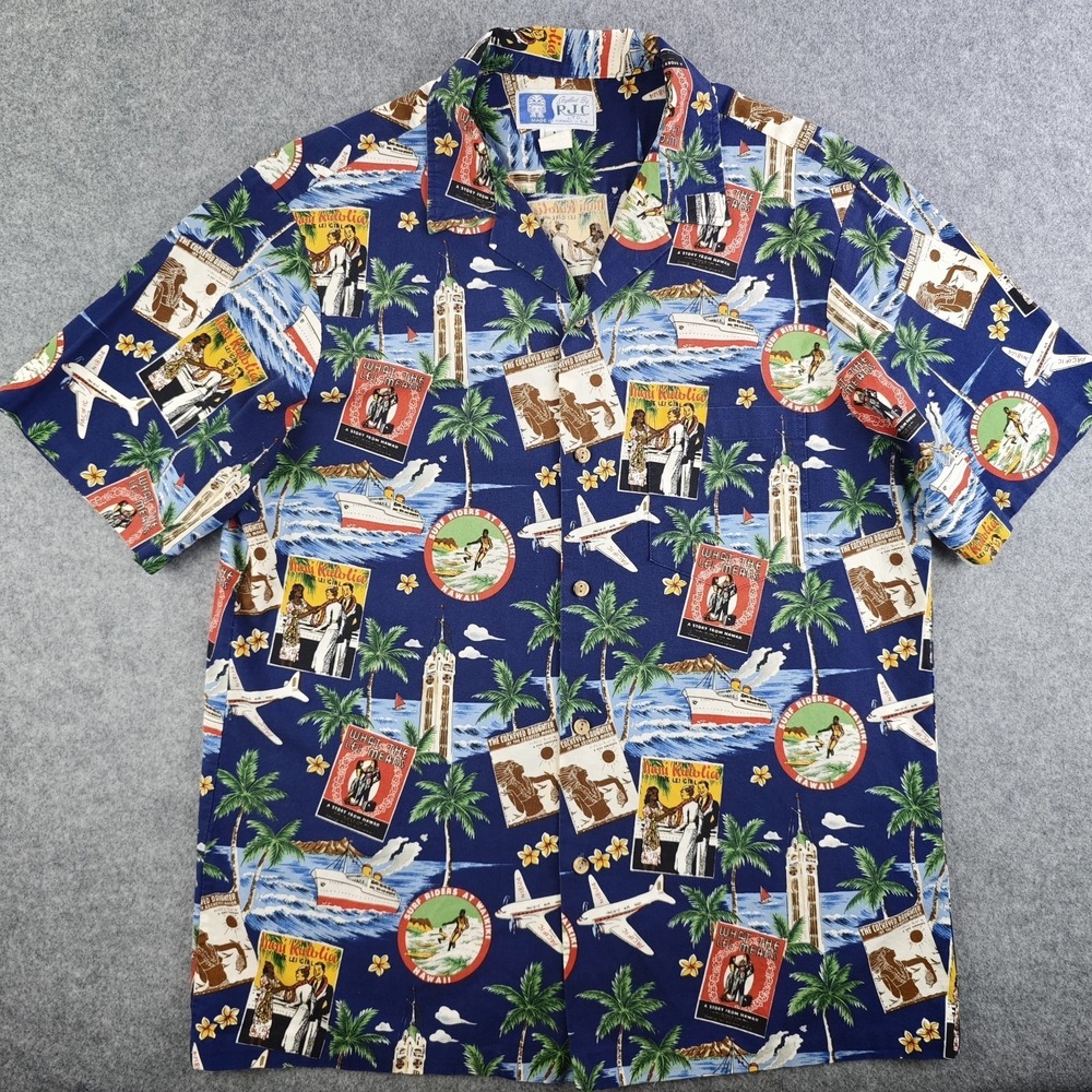 RJC Hawaiian Shirt Large Blue Vintage Travel Poster Aloha Tower Made In Hawaii